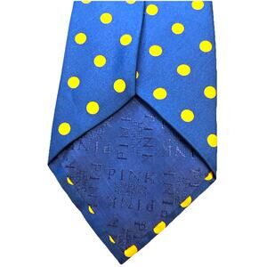 Thomas Pink Jermyn St. London Silk Tie Polka Dots Blue Yellow Preppy Made in UK